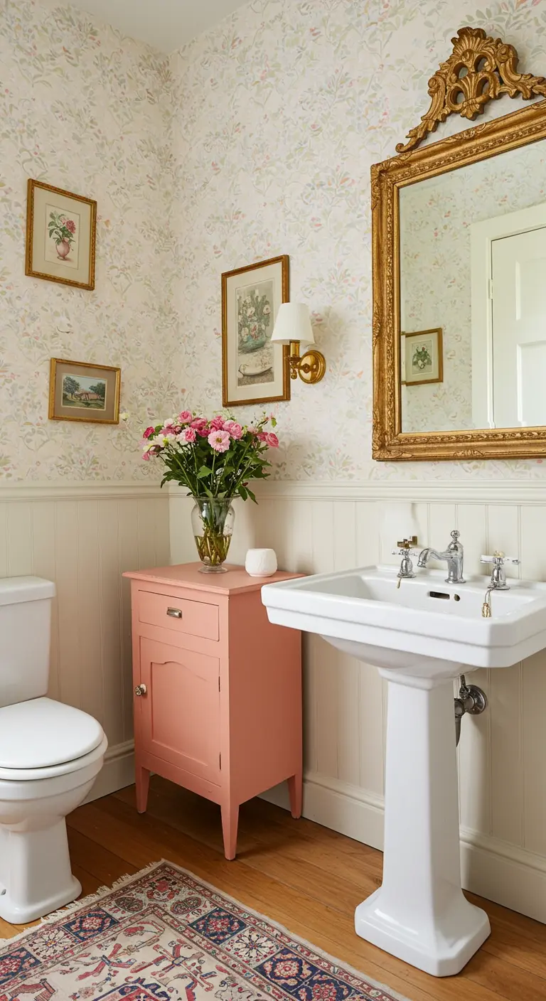 Cottage-stijl badkamer met roze kastje, bloemenbehang en gouden spiegel.