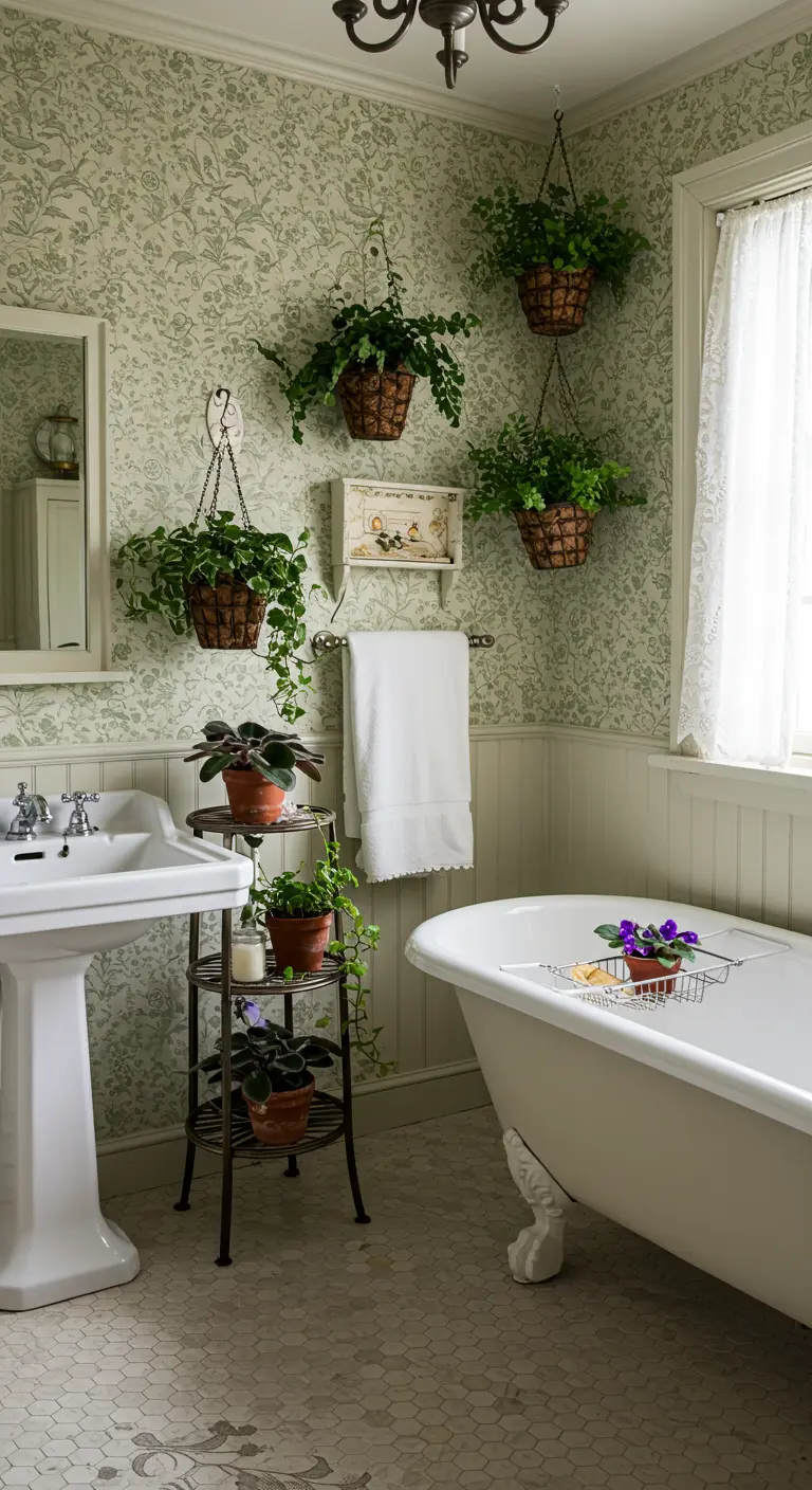 Romantische badkamer met bloemenbehang, hangplanten in rieten manden en vintage wastafel