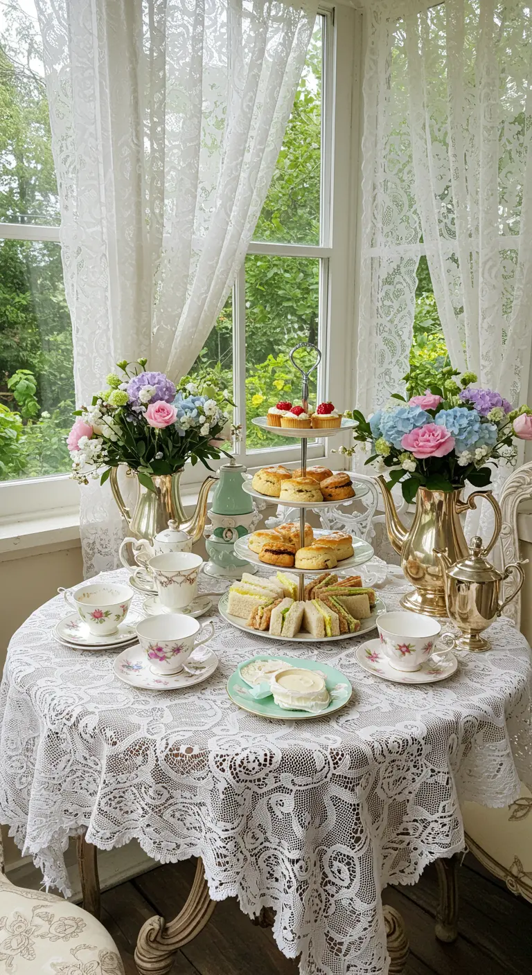 Vintage high tea desserttafel met kanten kleed, bloemenservies en lekkernijen.