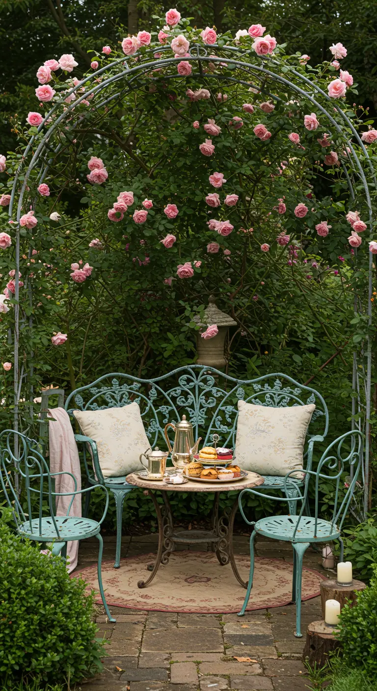 Romantische high tea setting met smeedijzeren meubels onder een rozenboog.