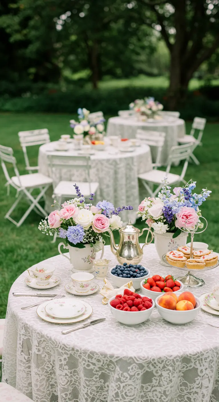 High-tea tafel met pastel bloemen, bessen, perziken en kanten tafelkleed.