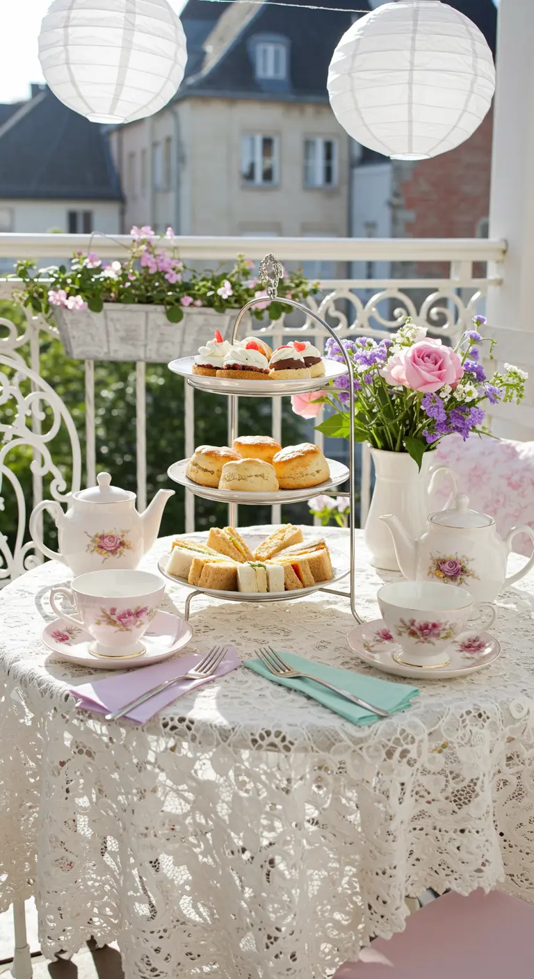 Elegante high tea opstelling op balkon met etagère, porselein en bloemen.