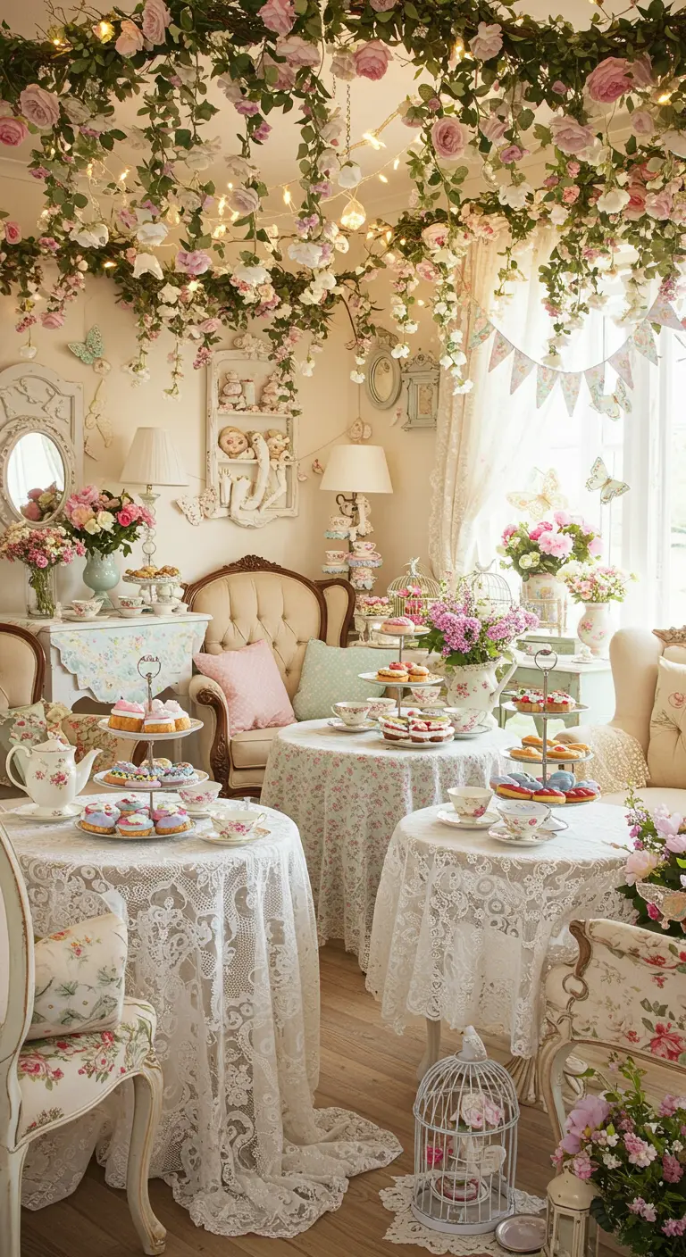 Woonkamer ingericht voor een vintage tea party met pastelkleuren, bloemen en kant.