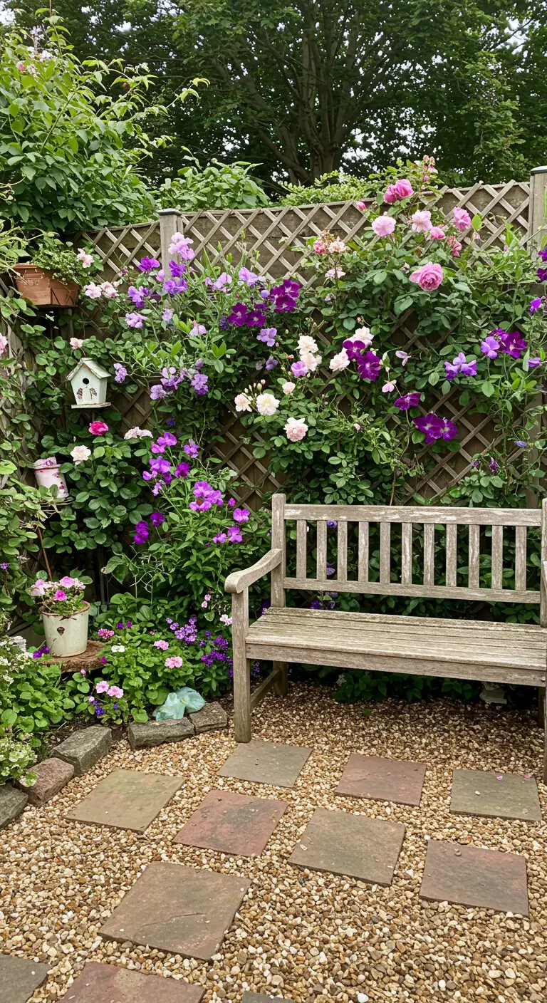 Houten schutting begroeid met klimrozen en clematis, met een houten bank en vogelhuisjes.