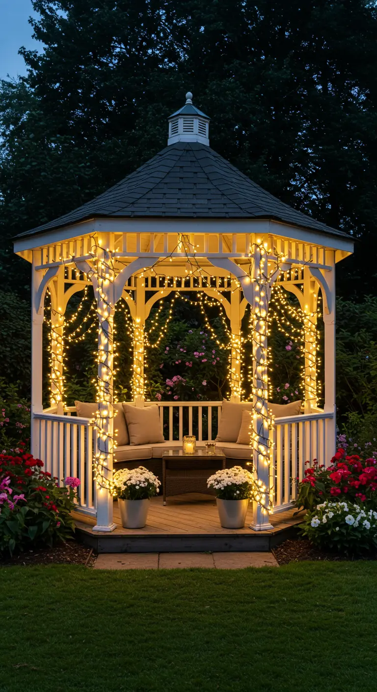 Witte houten prieel prachtig verlicht met talrijke gedrapeerde lichtslingers en een zithoek.