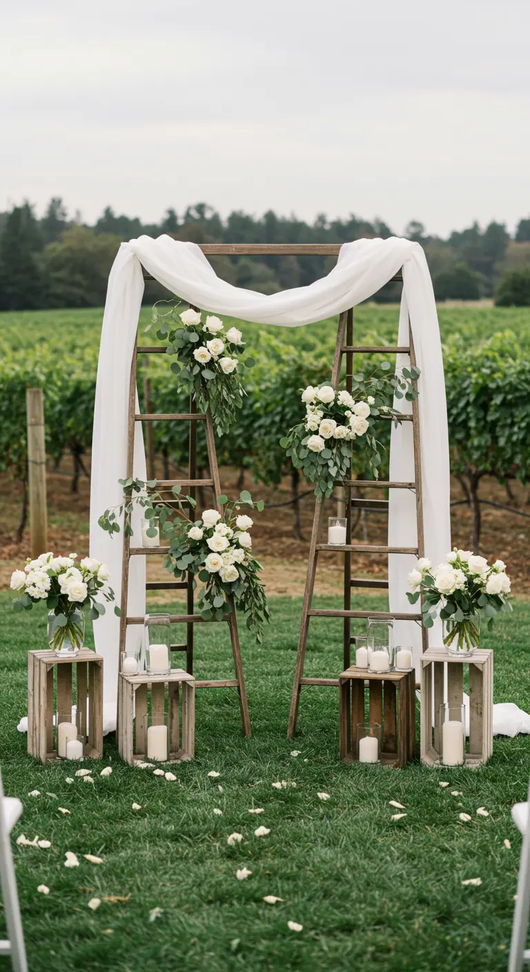 Twee houten ladders vormen een trouwboog met witte doeken en bloemstukken in een wijngaard.