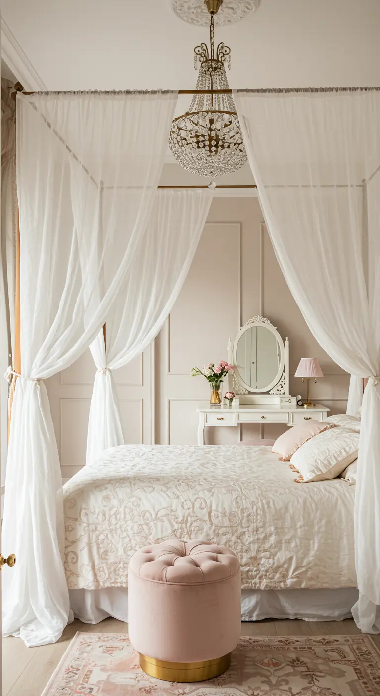Romantische slaapkamer met hemelbed, roze ronde poef en ovale spiegel.