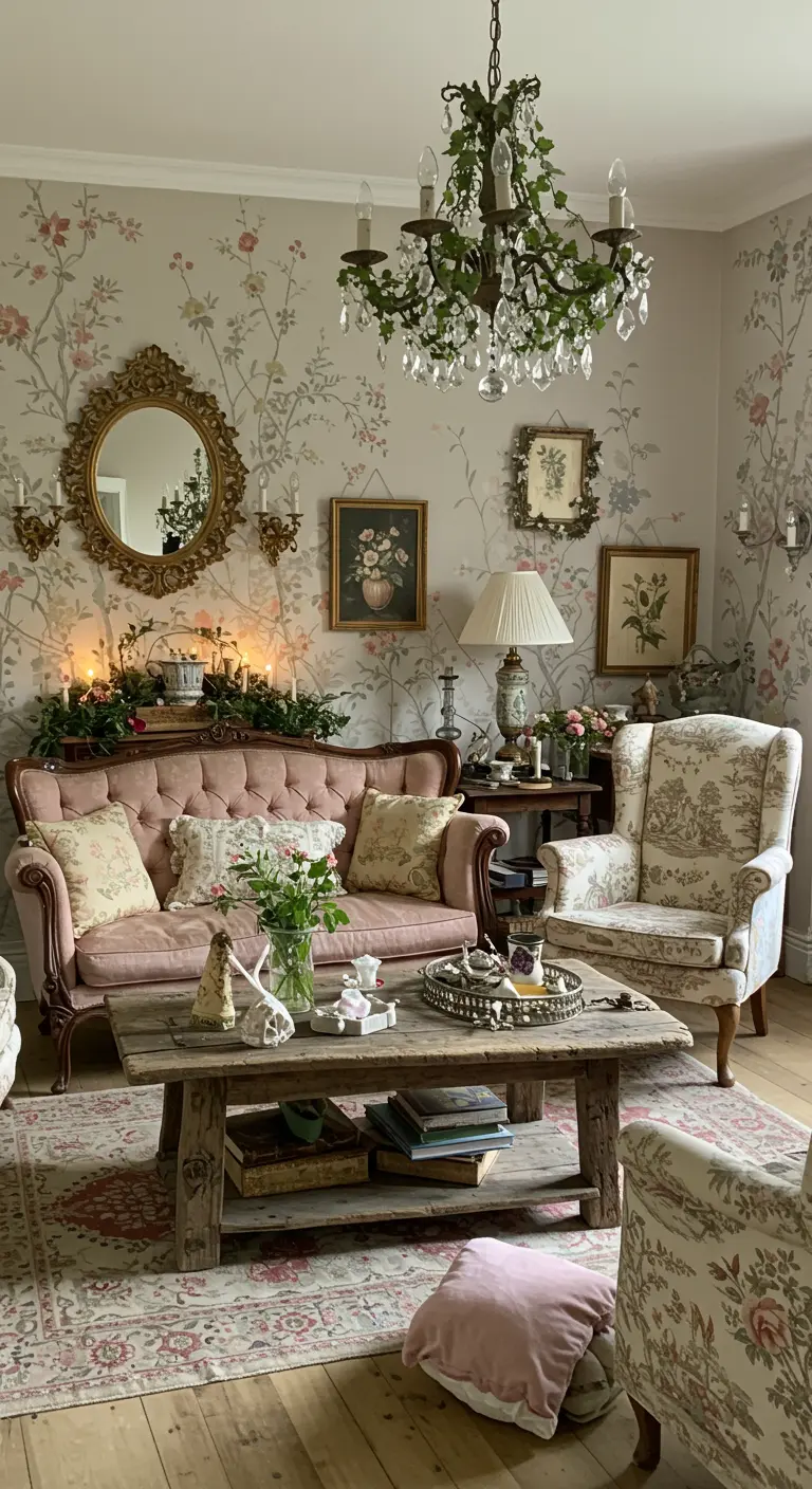 Romantische landelijke woonkamer met bloemenprint meubels, oude houten tafel en kroonluchter met groen.
