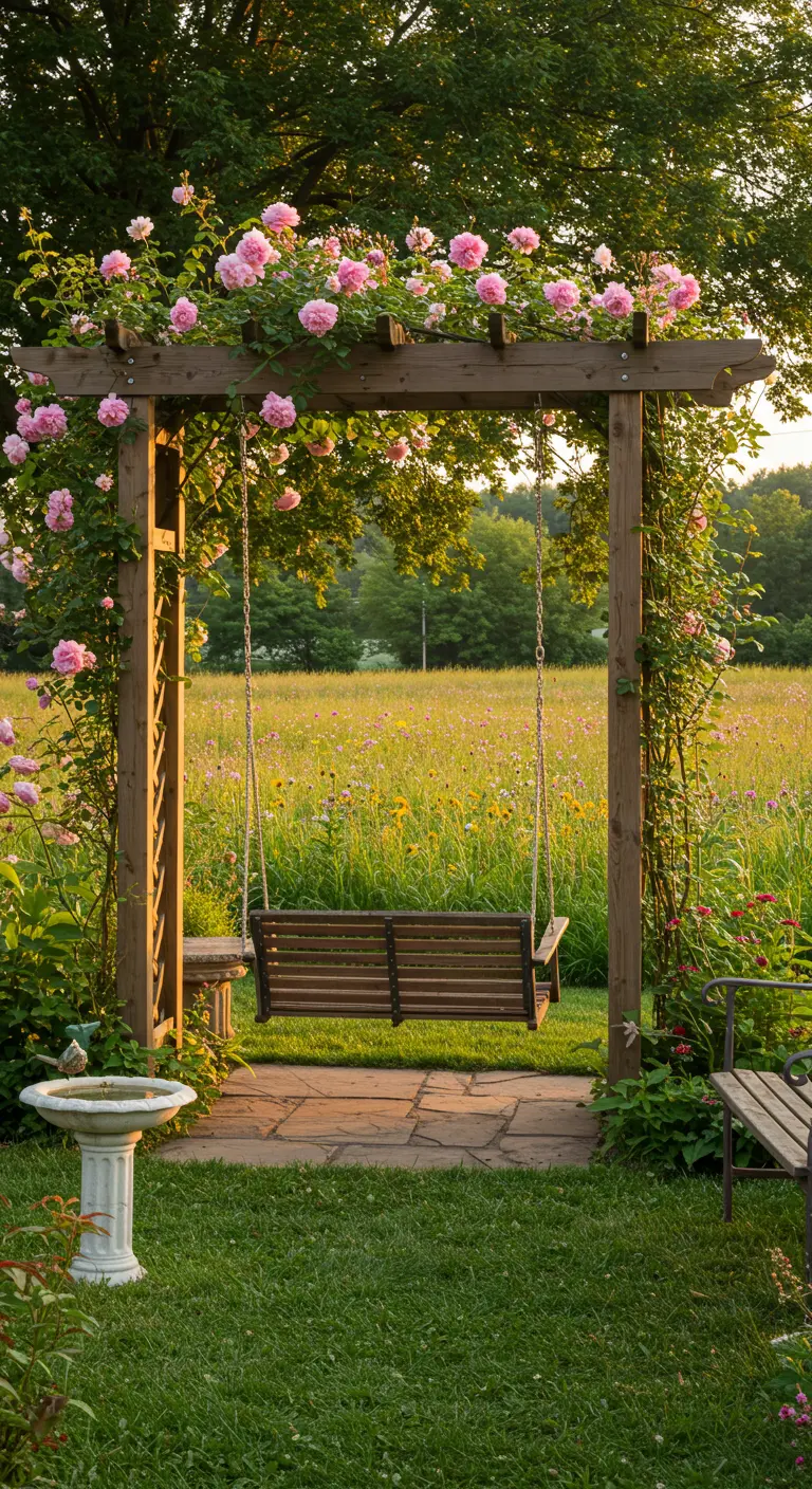 Houten schommelbank onder een met roze rozen begroeide pergola in een bloemrijke tuin.