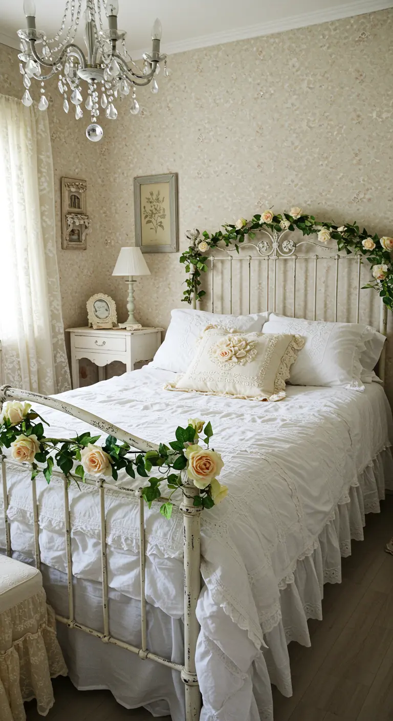 Wit metalen bedframe versierd met roze en witte rozen-slingers, shabby chic stijl.