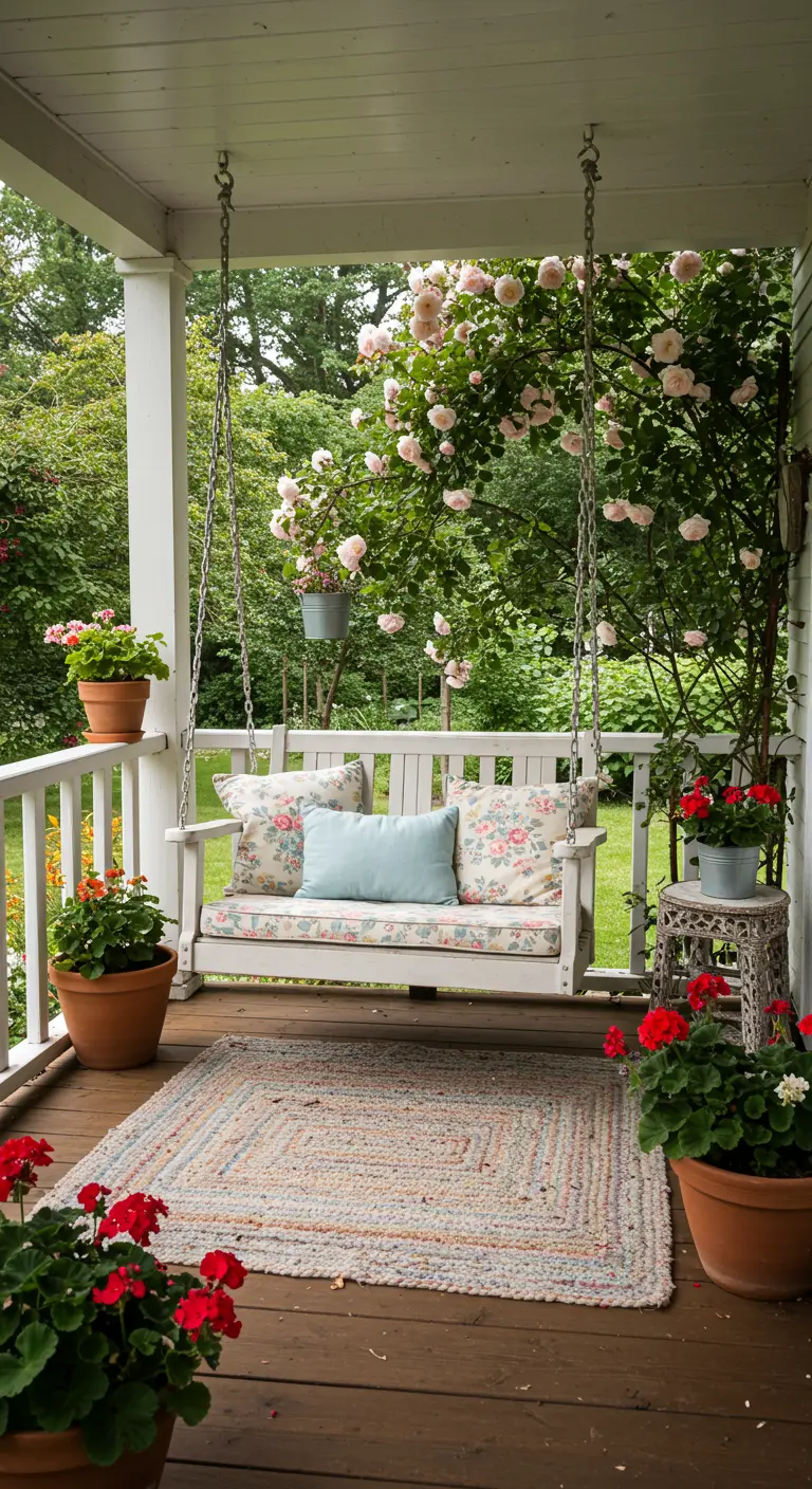Witte houten schommelbank op veranda met bloemenkussens, een gevlochten kleed en veel potplanten.