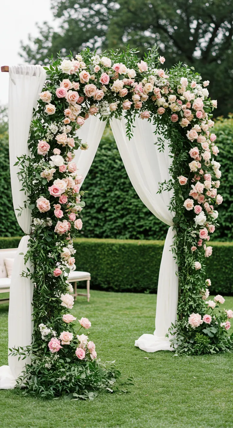 Weelderige bloemenboog met roze rozen, groen en witte doeken in een tuin.