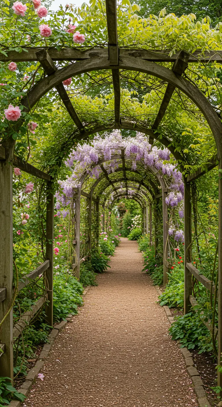 Lange houten pergola overgroeid met roze en paarse klimbloemen, vormt een tunnel.