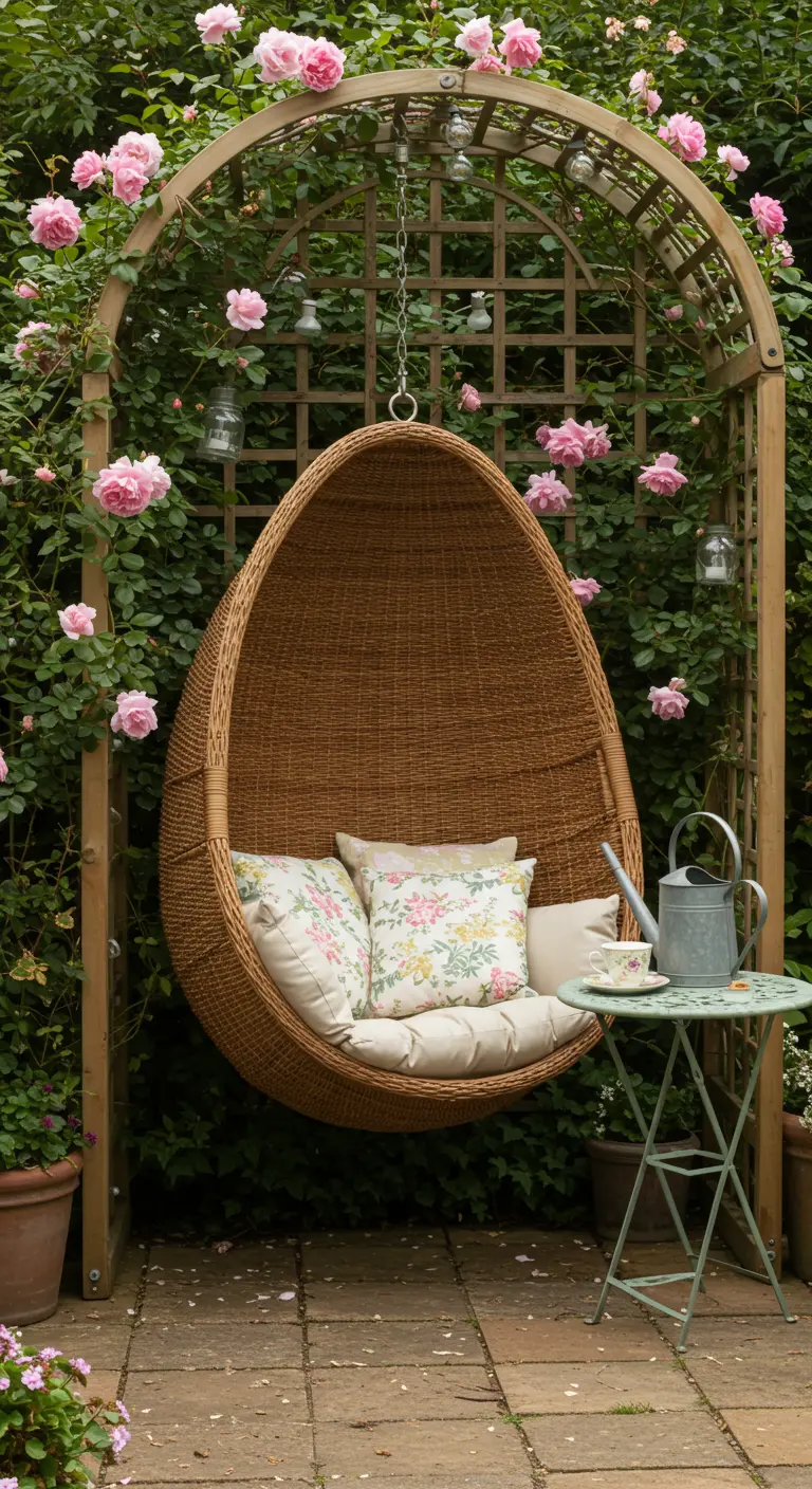 Rotan eihangstoel onder houten rozenboog met roze rozen.