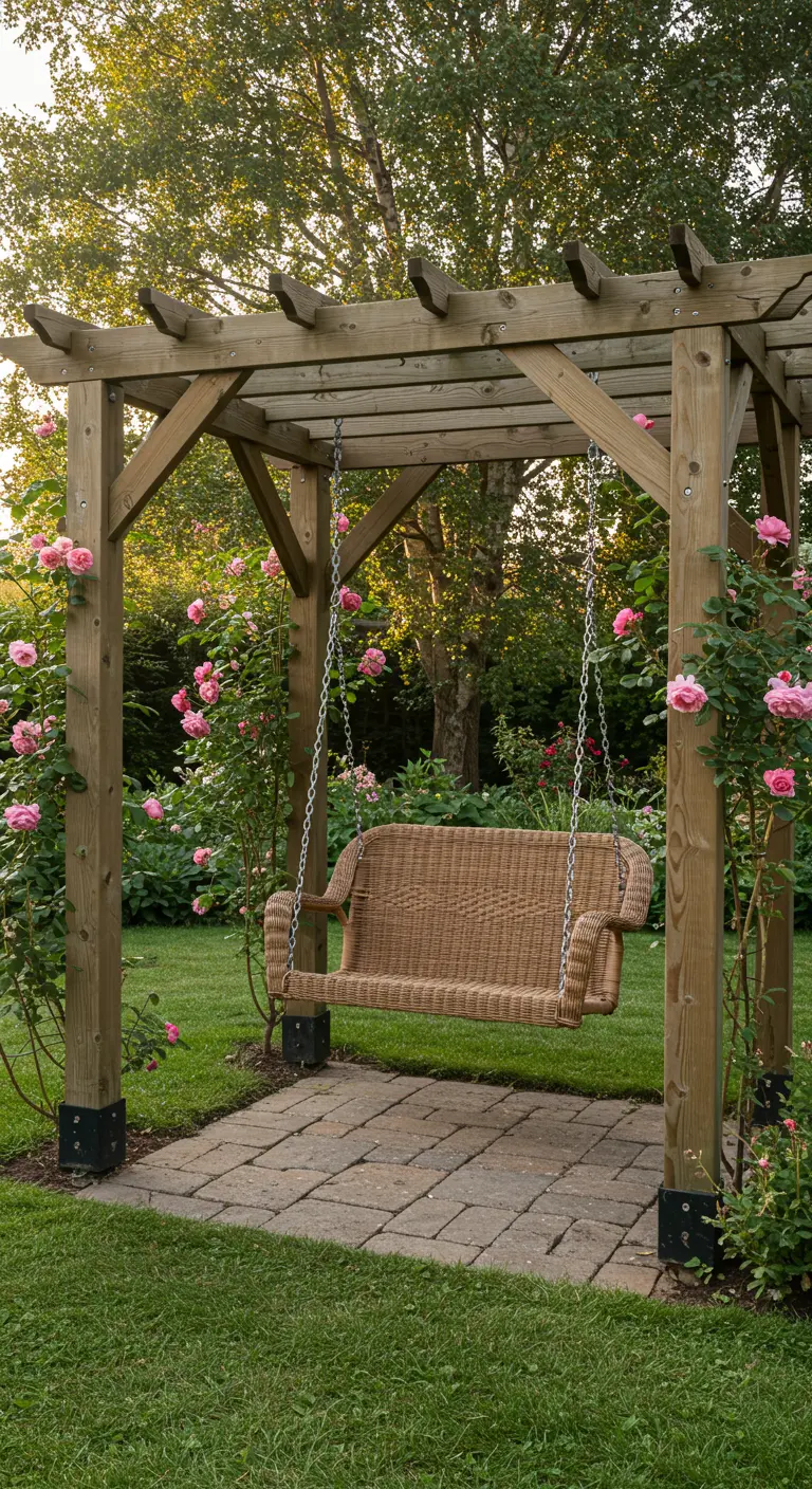 Rieten schommelbank onder houten pergola omringd door bloeiende roze rozen.