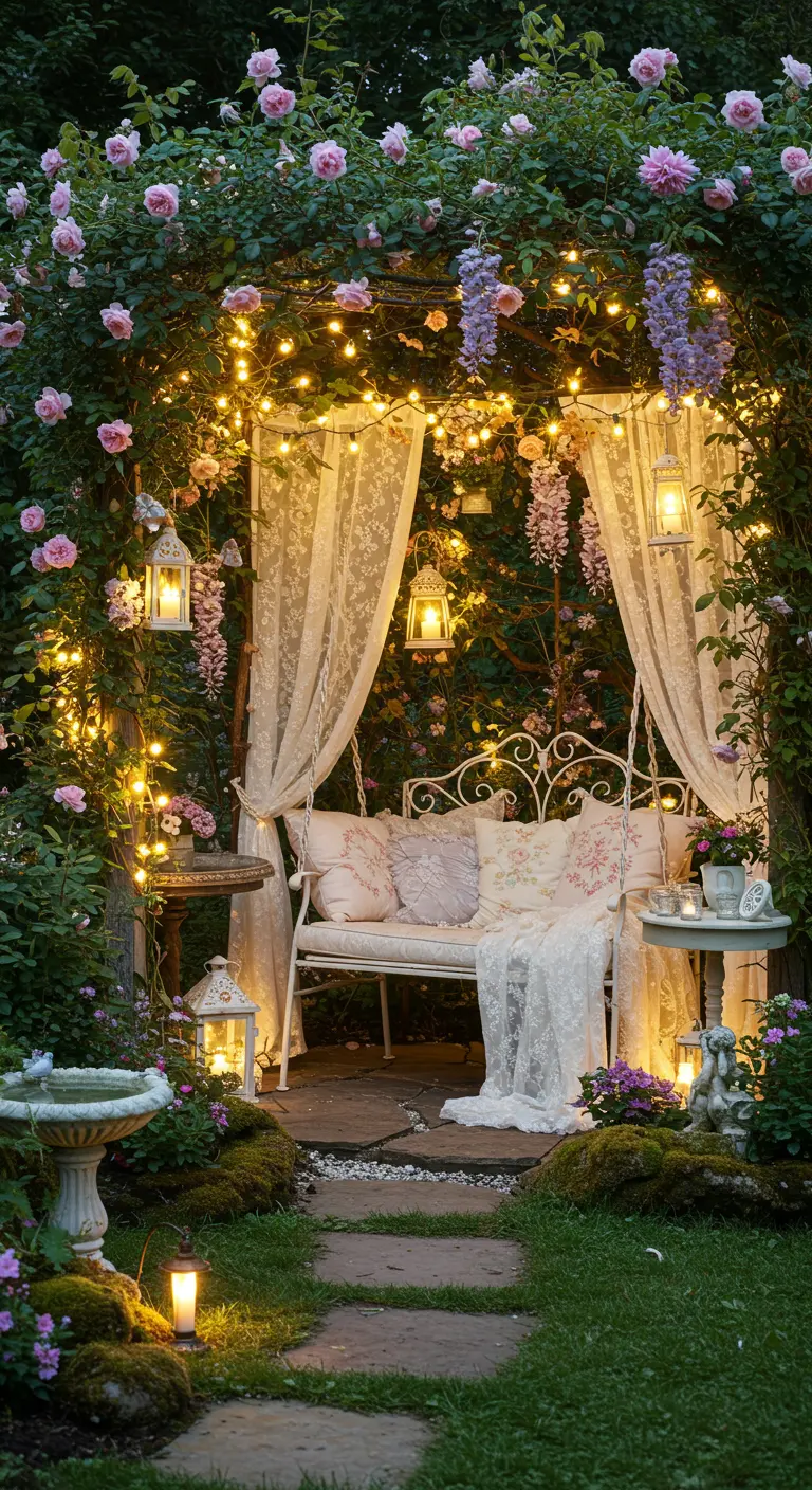 Romantische witte schommelbank onder een rozenboog met lichtslingers en lantaarns, omringd door rozen, lavendel en sfeervolle decoratie.