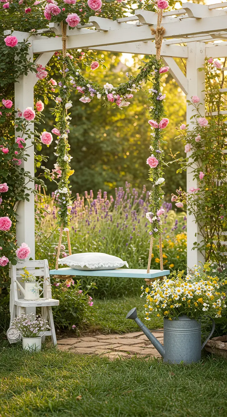 Houten schommelplank versierd met rozen in een romantische tuin setting.