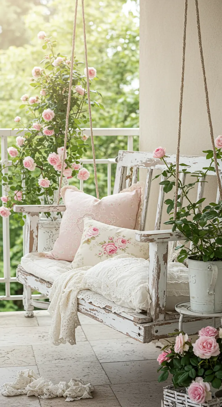 Witgekalkte houten schommelbank met roze kussens en rozenstruiken.