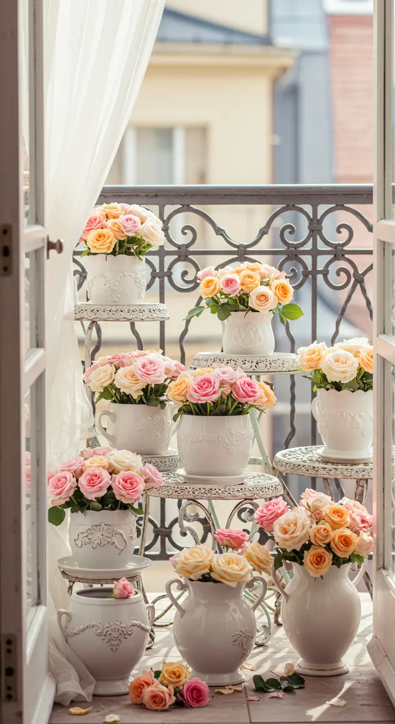 Verzameling witte porseleinen potten en vazen gevuld met roze, perzik en crème rozen op een balkon.