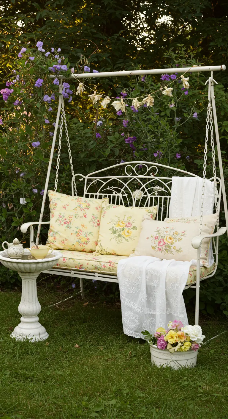 Witte metalen schommelbank met kussens met bloemenprint en een kanten plaid in een tuin.