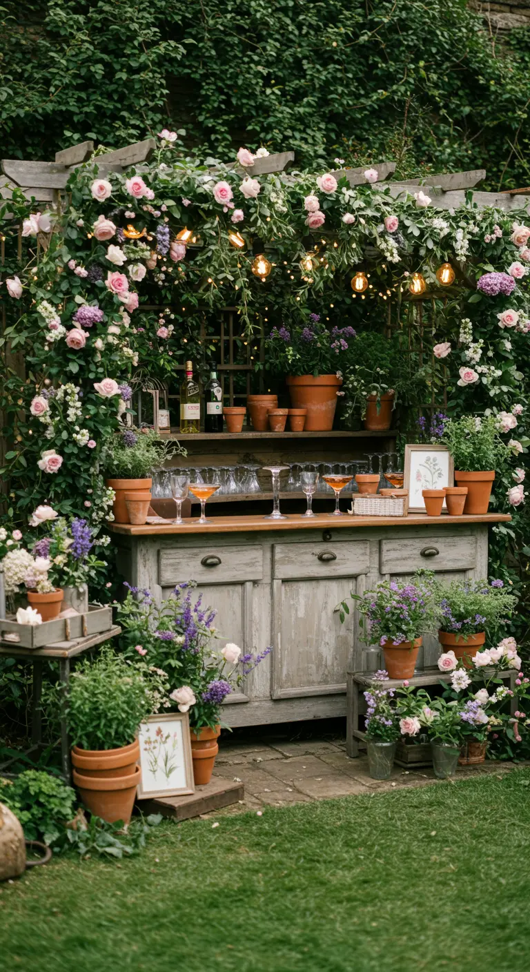 Buitenbar gemaakt van een oud dressoir, omgeven door rozen en potplanten met lichtslingers.