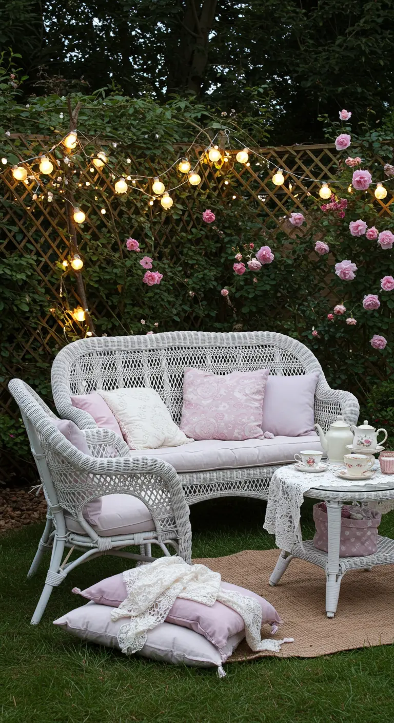 Witte rotan loungeset met roze kussens en kant, bij rozenstruiken en lichtsnoer.