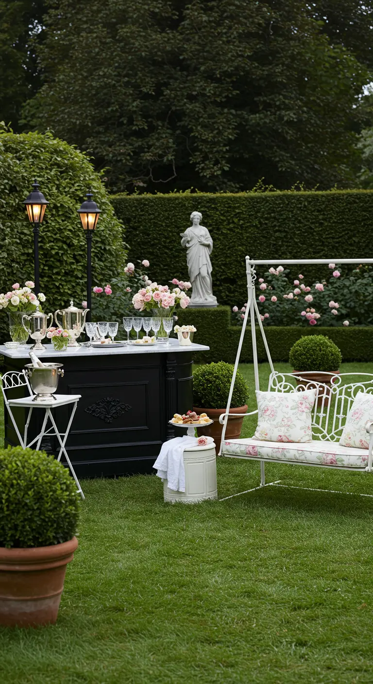 Elegante buitenbar in rozentuin met witte metalen schommelbank en bloemenkussens.