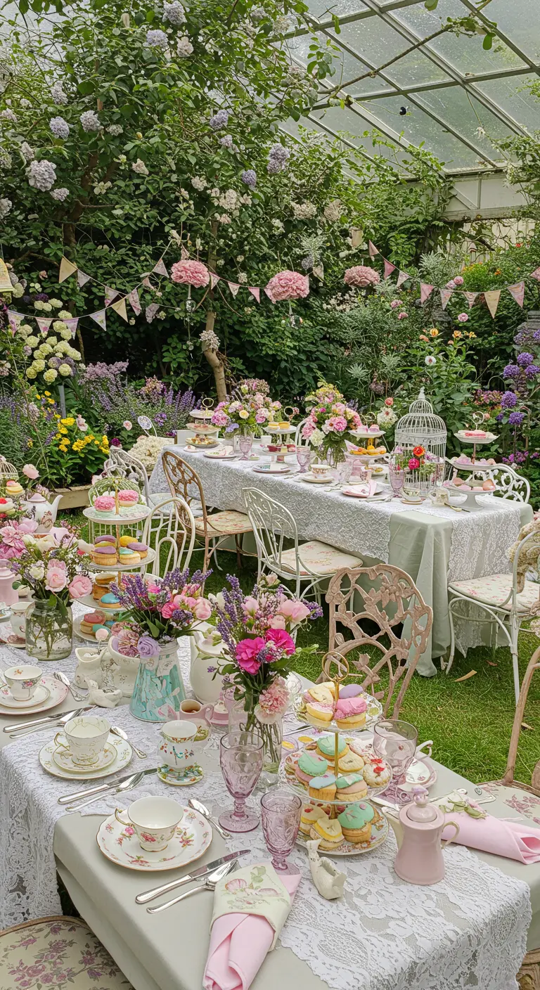 Engelse tuin high tea met bloemen, vintage servies en zoetigheden.