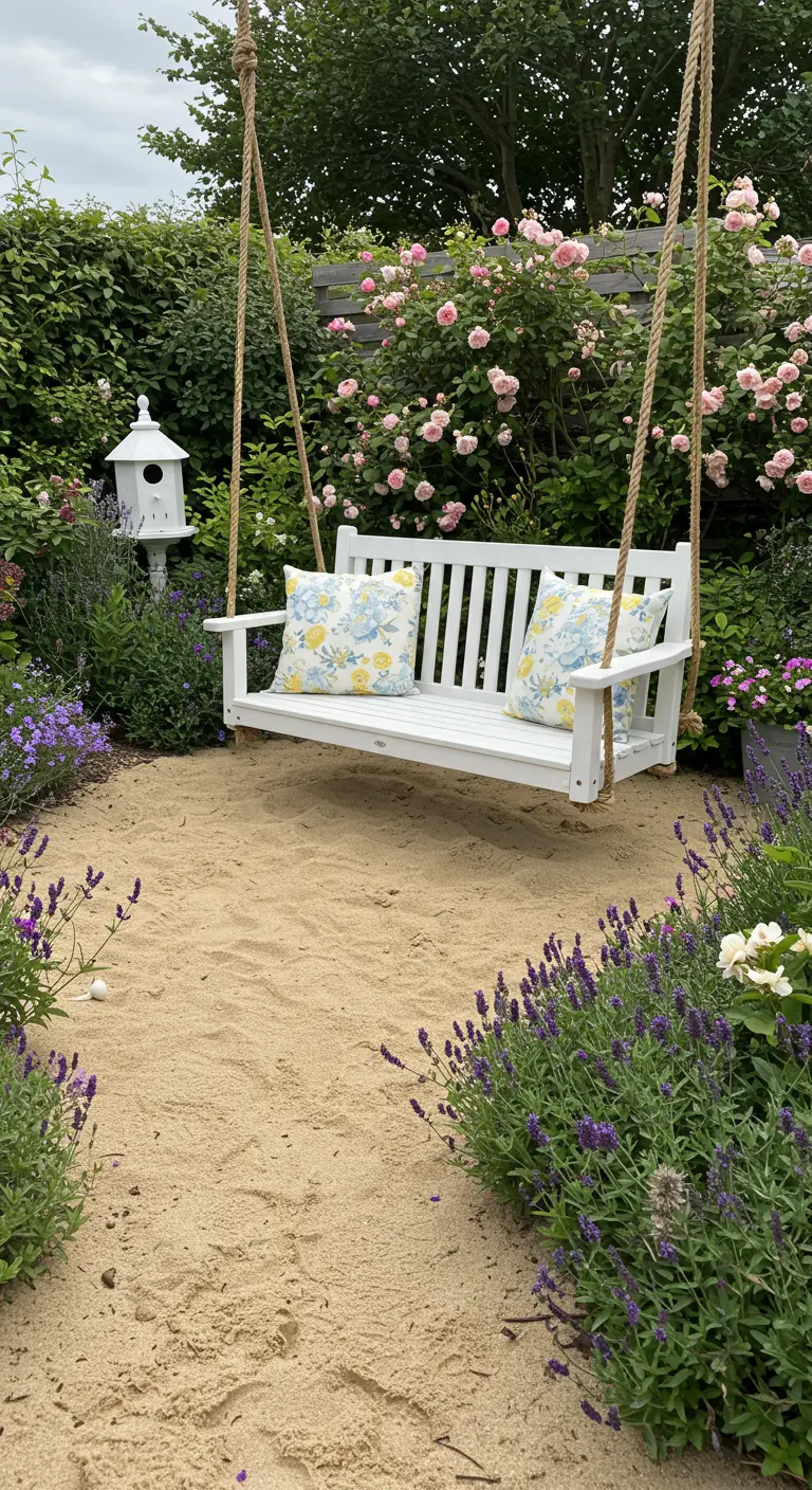 Witte houten schommelbank met bloemige kussens in een tuin met lavendel, rozen en zand.