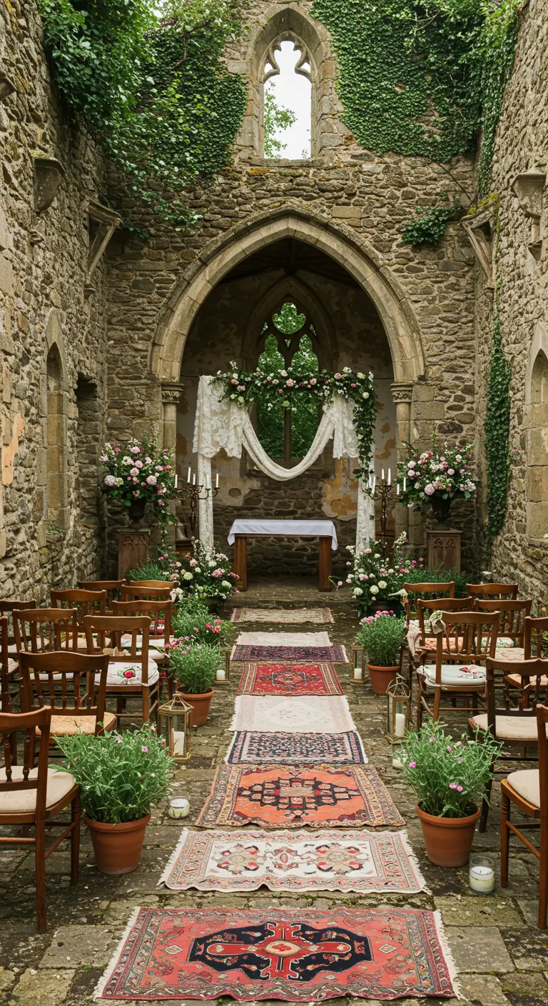 Bohemian ceremonie in een stenen ruïne met vintage tapijten en bloemen.