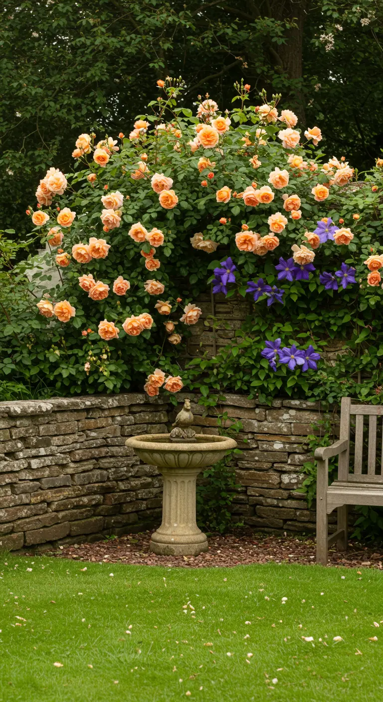 Stenen muur met abrikooskleurige klimrozen, paarse clematis, vogelbad en houten bankje.