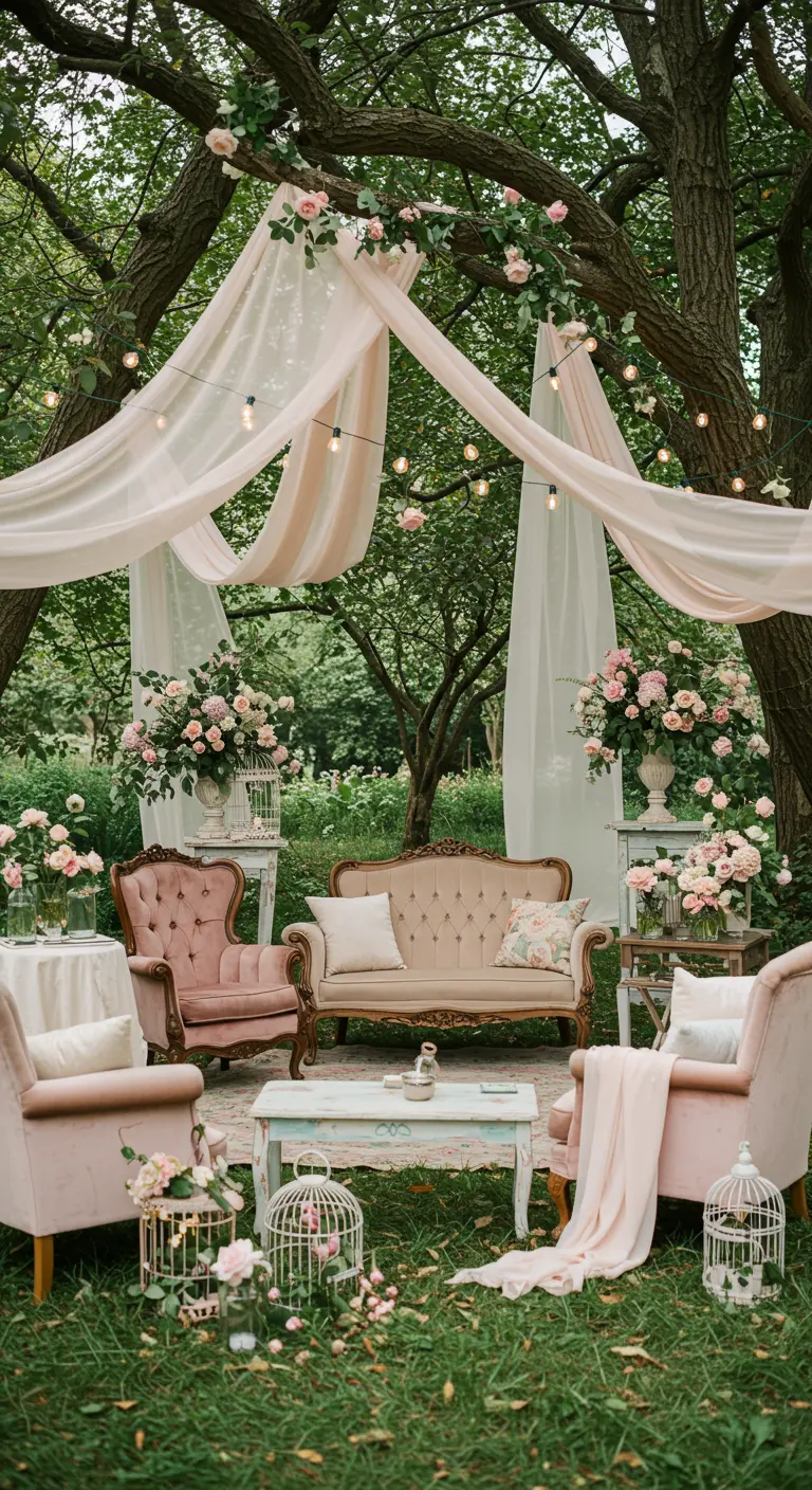 Romantische theetuin lounge met vintage meubels, bloemen, vogelkooien en roze doeken.