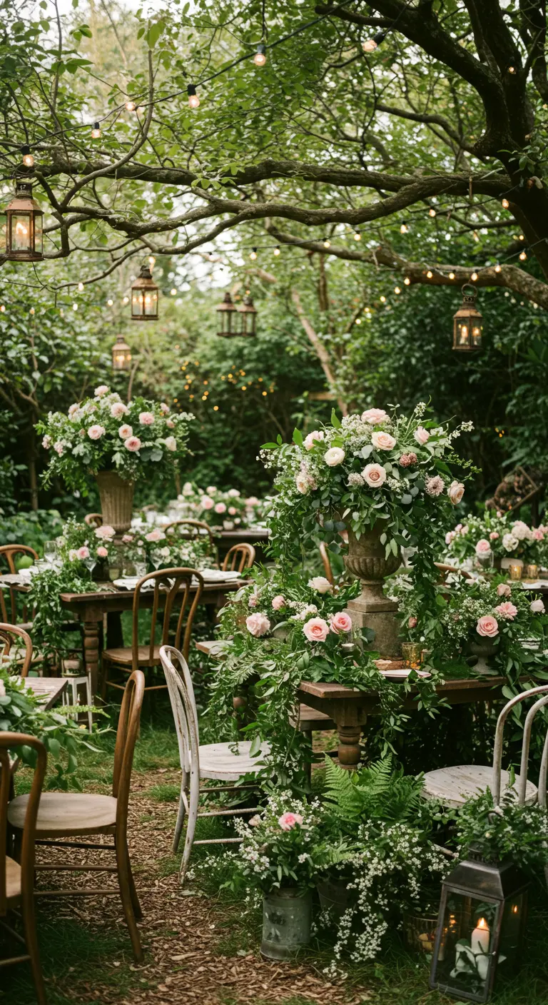Tuinbruiloft met tafels gedecoreerd met grote rozenboeketten in urnen en hangende lantaarns.