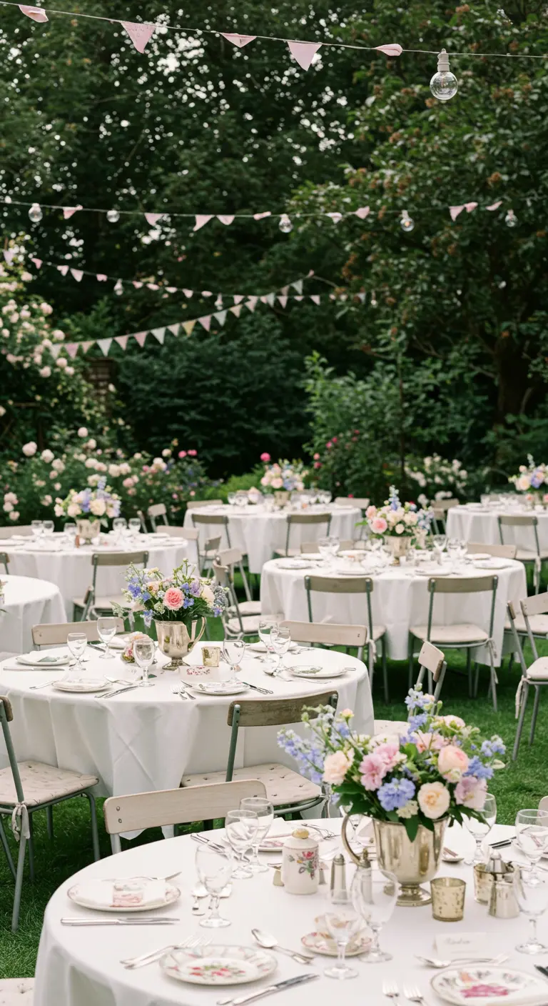 Tuintafels met wit linnen, pastelkleurige bloemen en vintage servies onder vlaggenlijnen.