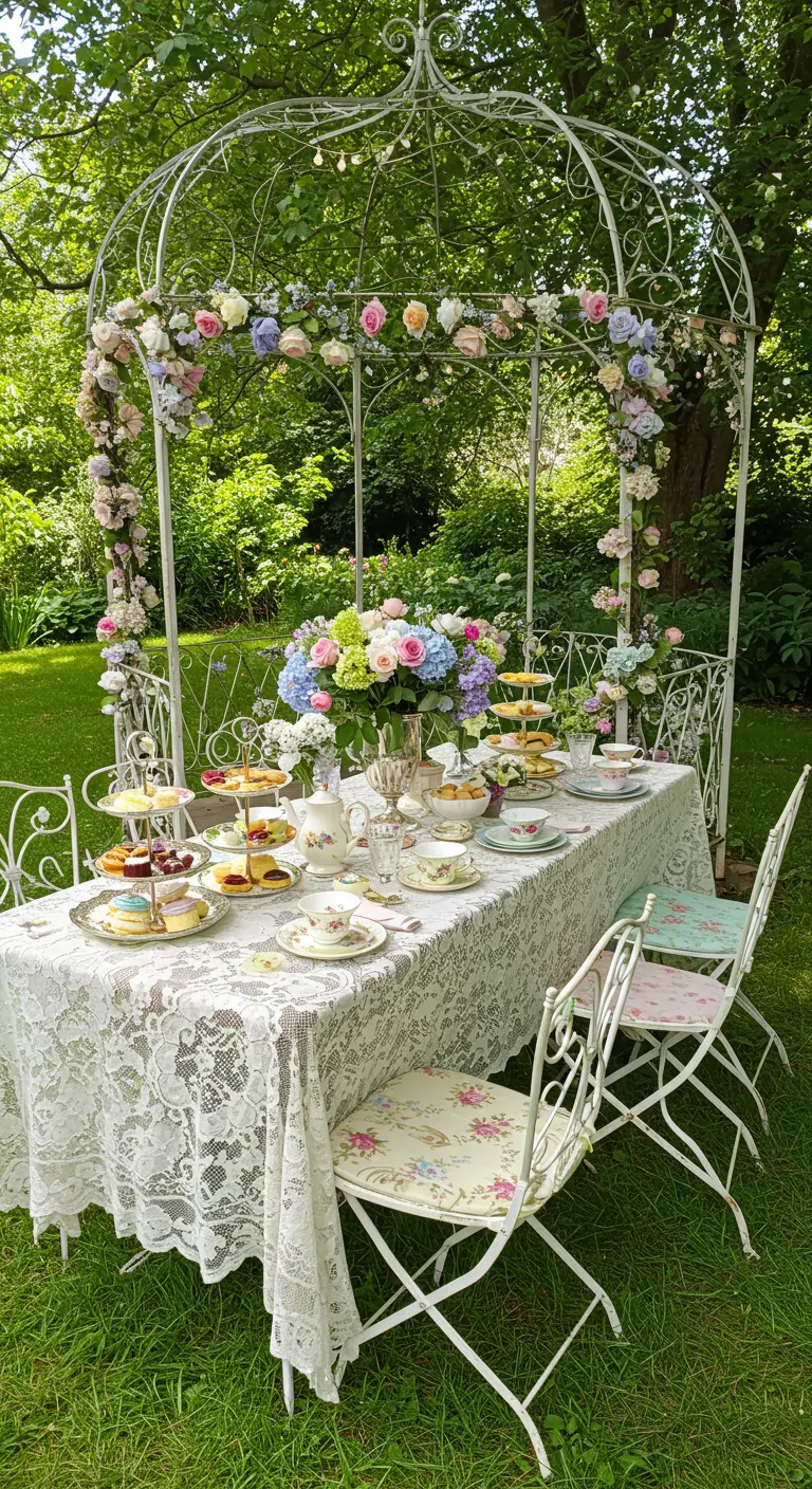 Tafel onder bloemrijke pergola in tuin met kant, pastel bloemen en vintage servies.