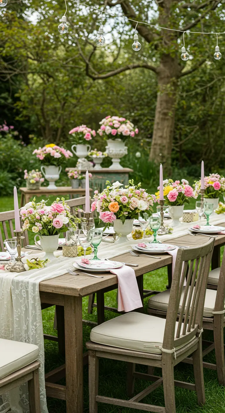 Lange tuintafel gedekt met pastelkleurige bloemen, kaarsen, kanten loper en lichtslingers erboven.