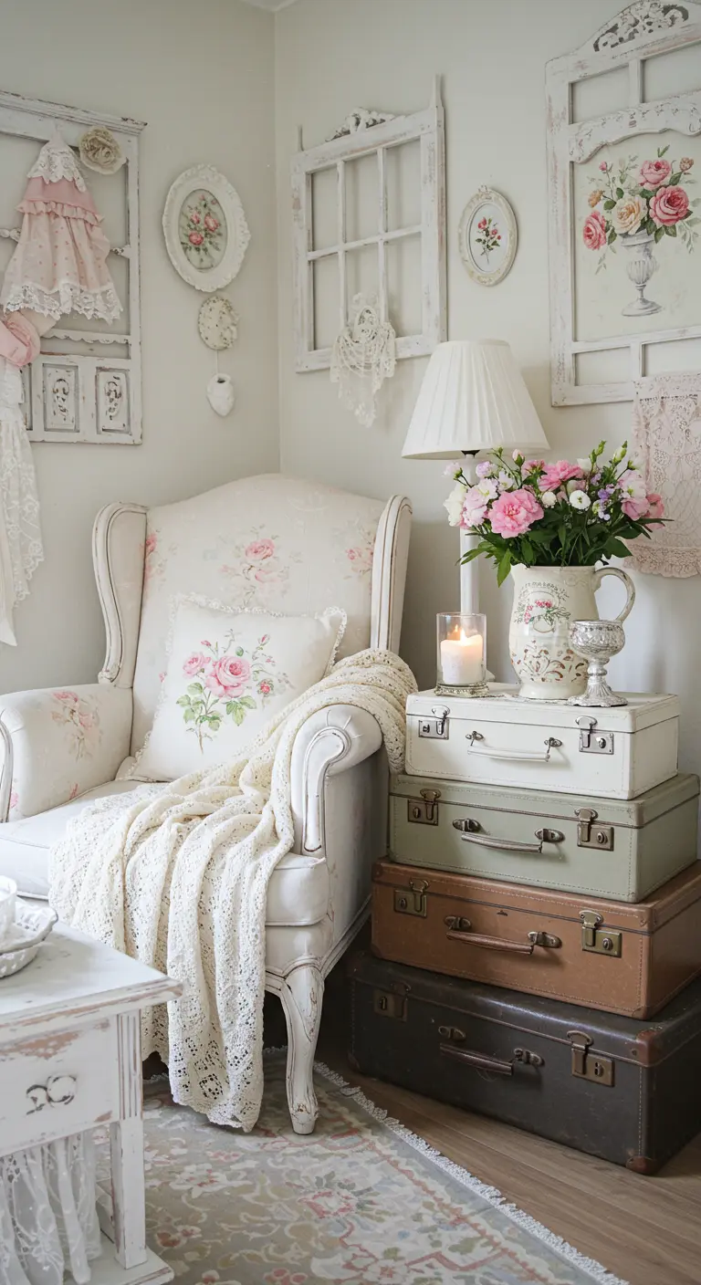Shabby chic hoek met witte fauteuil, gestapelde vintage koffers, bloemen en romantische decoraties.