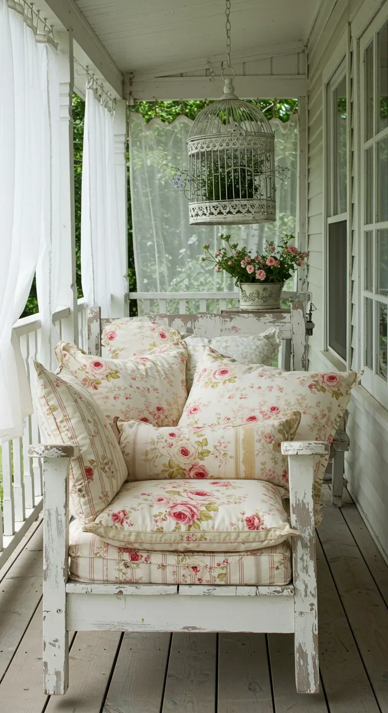 Witte schommelstoel met veel roze rozenprint kussens, hangende vogelkooi, witte gordijnen.