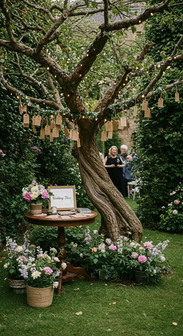 Wensboom in tuin met hangende kaartjes, bloemen en gastenboektafeltje.