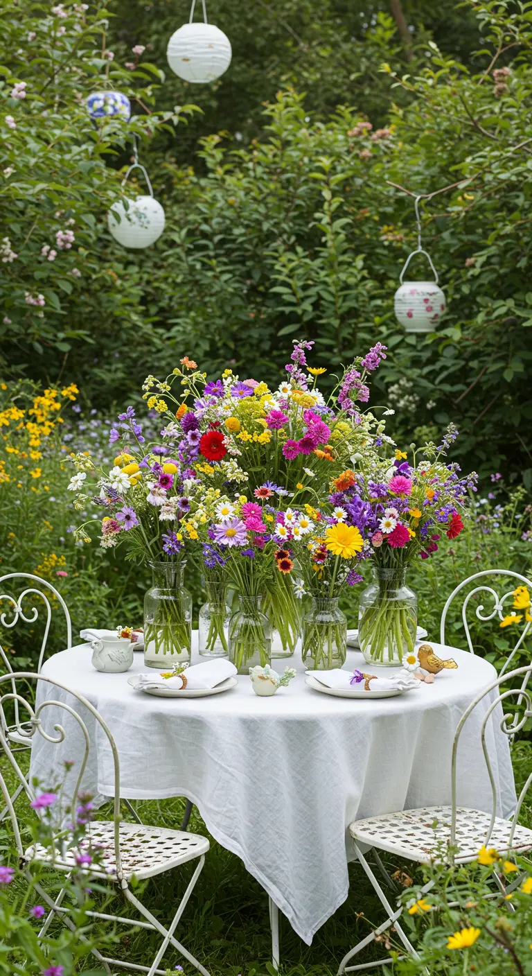 Ronde tafel met wit tafelkleed en diverse glazen vazen met wilde bloemen in een tuin.