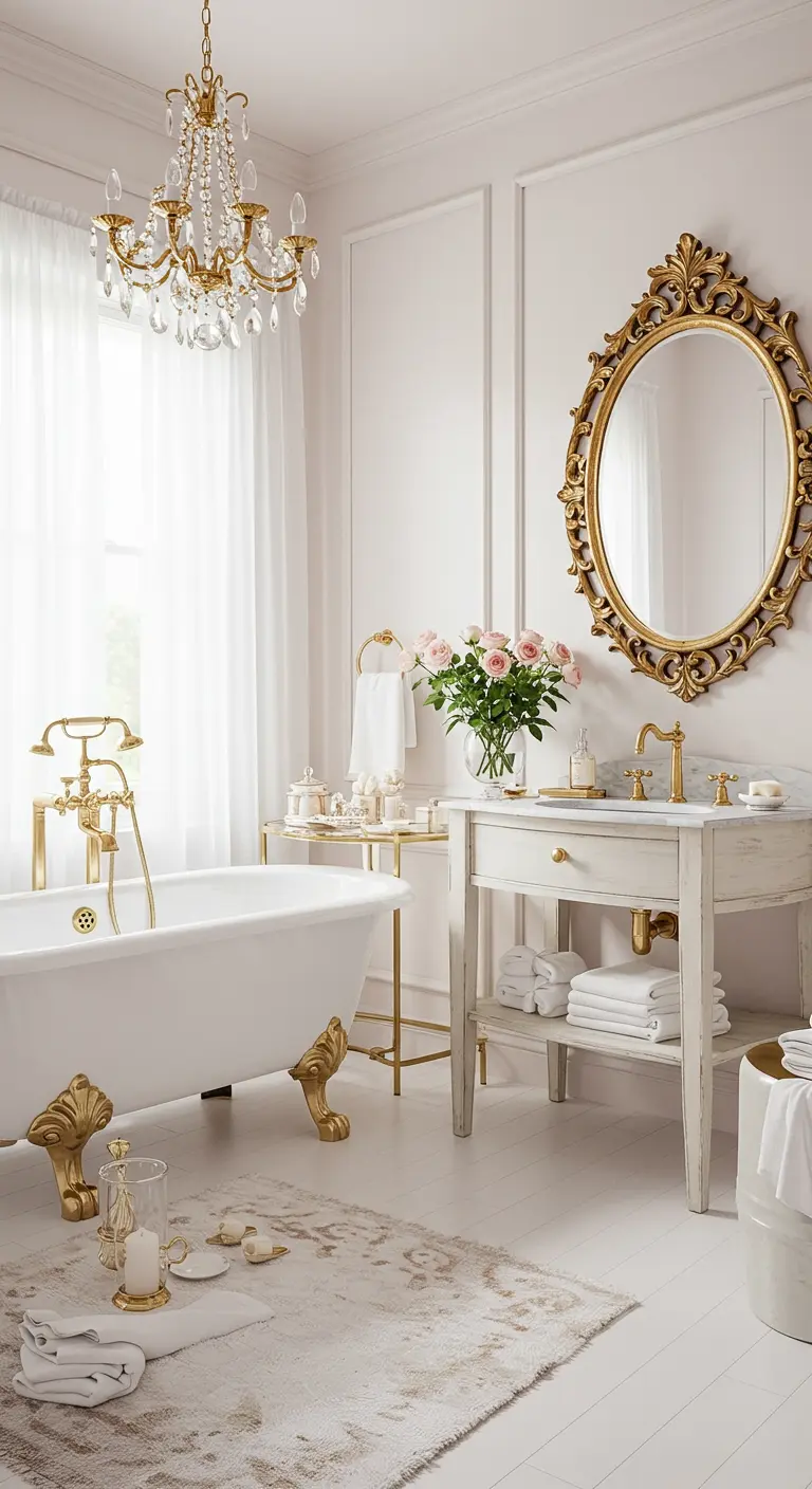 Romantische badkamer met crèmekleurige muren, gouden spiegel, badkuip en verse bloemen.