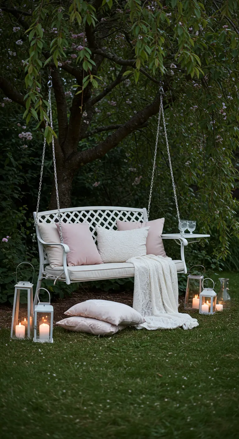 Witte metalen schommelbank met roze en witte kussens, plaids en lantaarns onder een boom.
