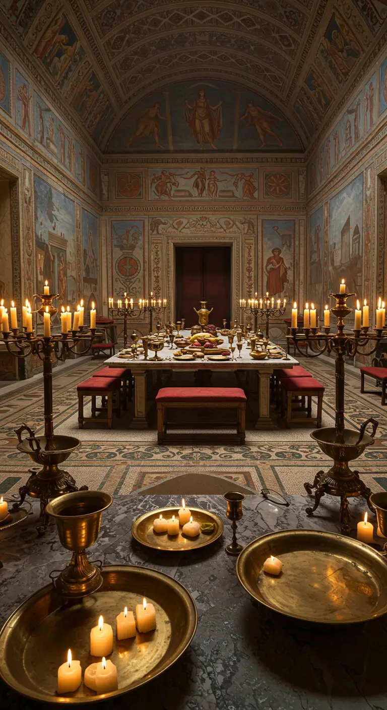Grote zaal in Romeinse stijl met lange tafel en kandelaars.