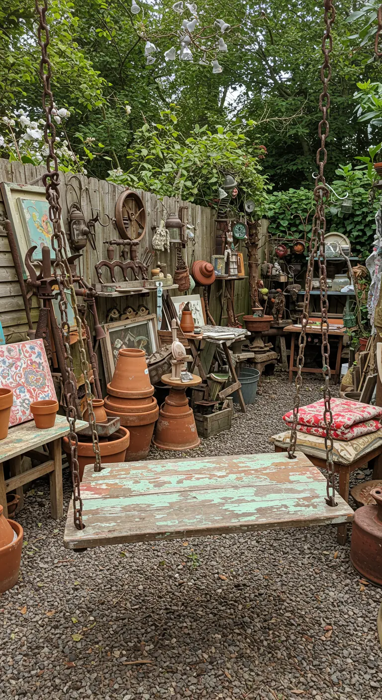 Verweerde houten plank schommel in een rommelige tuin met vintage decoratie en potten.