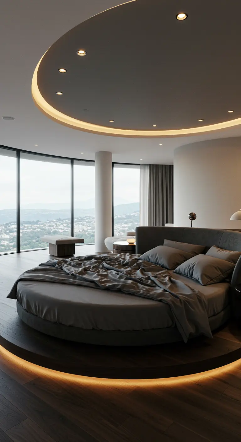 Modern rond bed op een verhoogd platform met sfeerverlichting en panoramisch uitzicht.