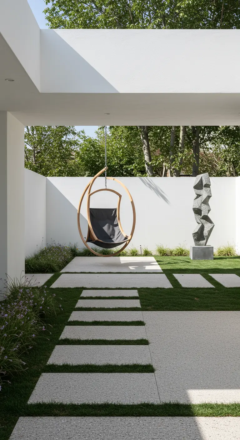 Ronde houten hangstoel met donkergrijze zitting in een minimalistische tuin met groenstroken en een sculptuur.