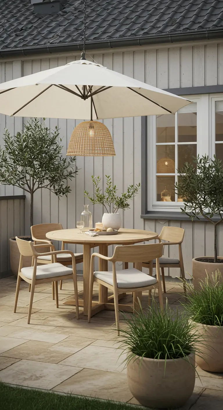 Ronde houten tuintafel met vier stoelen, een parasol met een rieten lamp, en grote plantenpotten.