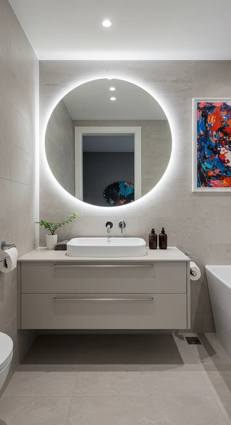 Moderne badkamer met grote ronde spiegel met LED-halo en kleurrijk kunstwerk.