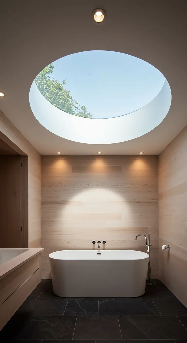 Minimalistische badkamer met grote ronde opening in het plafond.