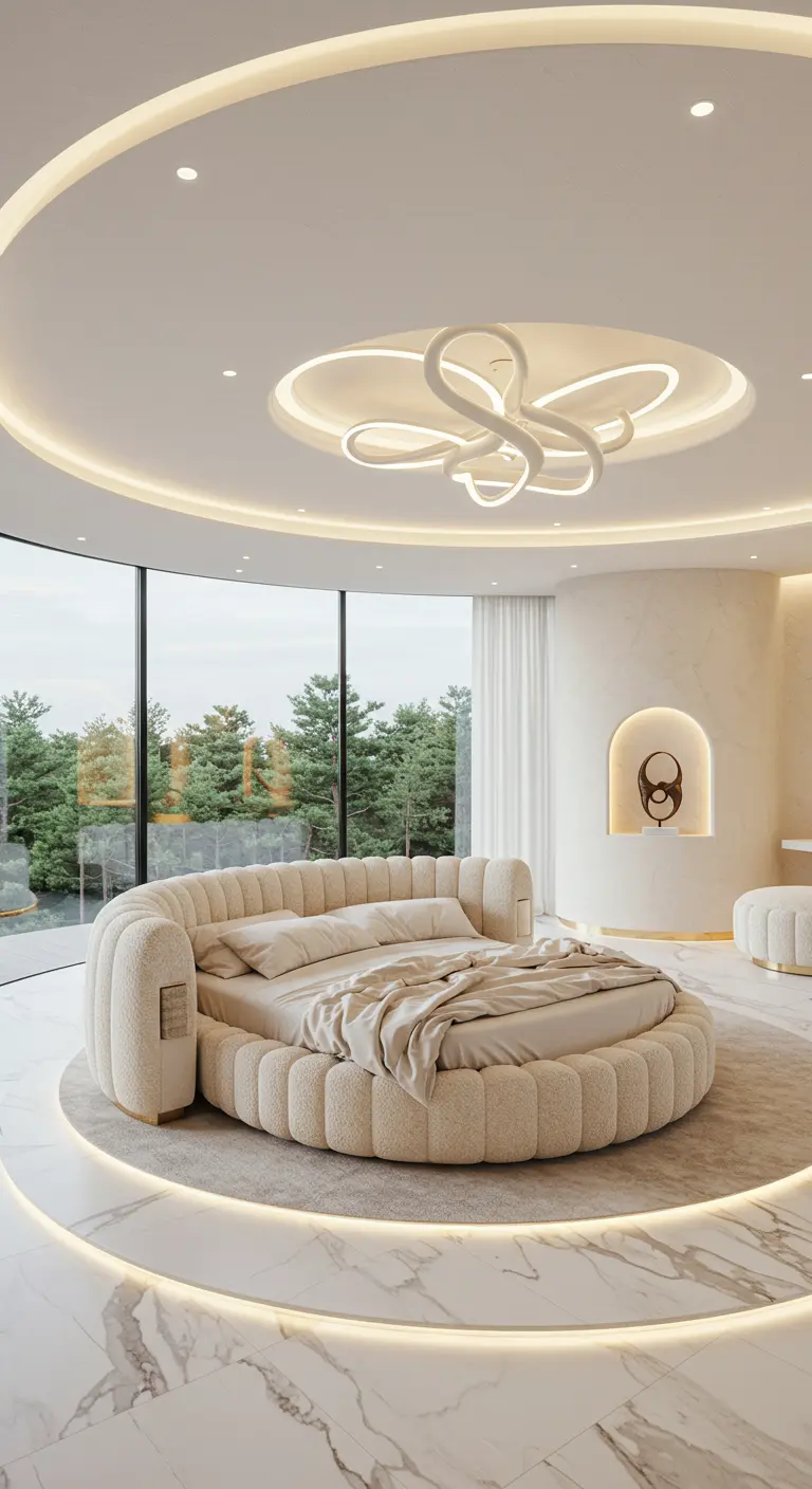 Luxe slaapkamer met een groot rond bed in het midden en panoramische ramen.